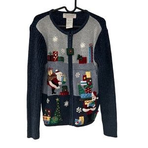 Tiara International L Vintage blue knit zip up Christmas sweater cardigan 90s